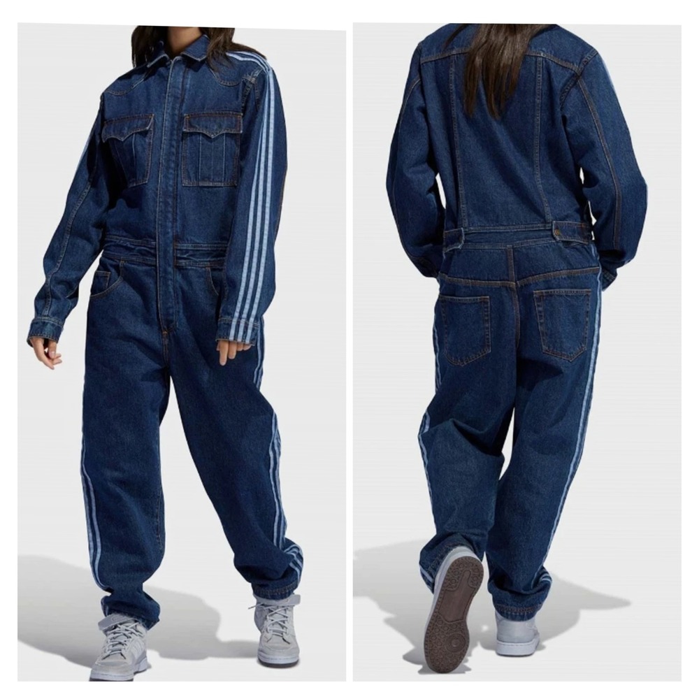 Adidas x Ivy Park Denim Jumpsuit Dark Wash 3-Stripe Utility Coverall Small NEW